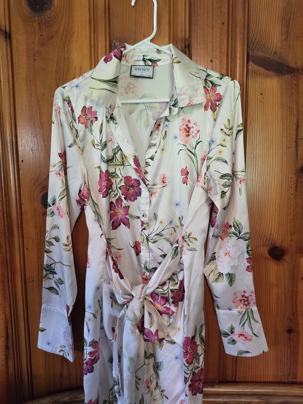 RNWY Floral Satin Wrap Mini Dress in Ivory with Pink & Green Bloom